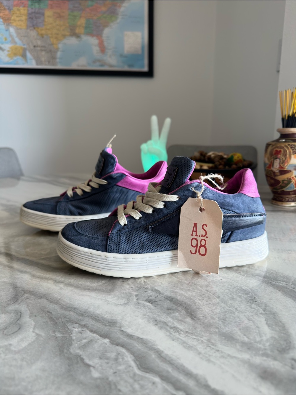 A.S.98 Alfie Blue Pink Perforated Leather Platform Sneakers